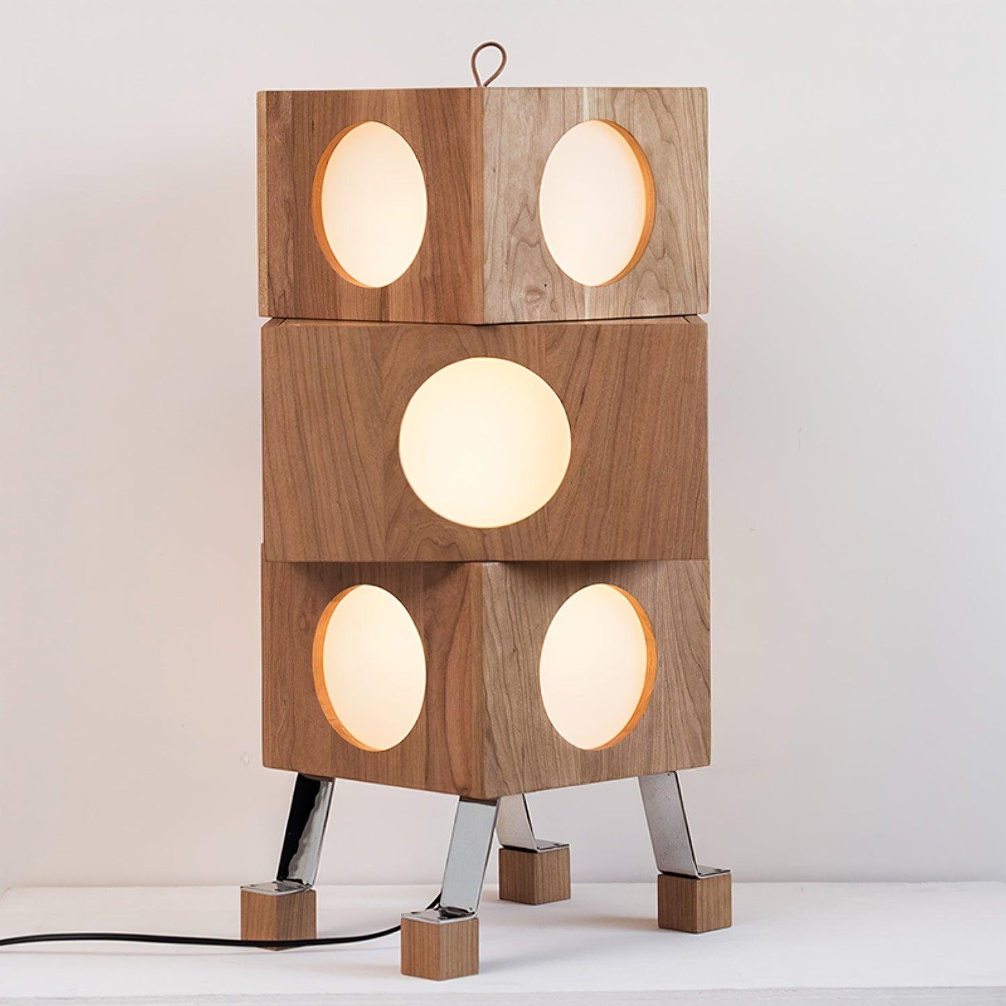 Square Robot Floor Lamp L 17.7″ x W 12.6″ x H 25.2″ / L 45cm x W 32cm x H 64cm / Cherry wood color & White / US Plug