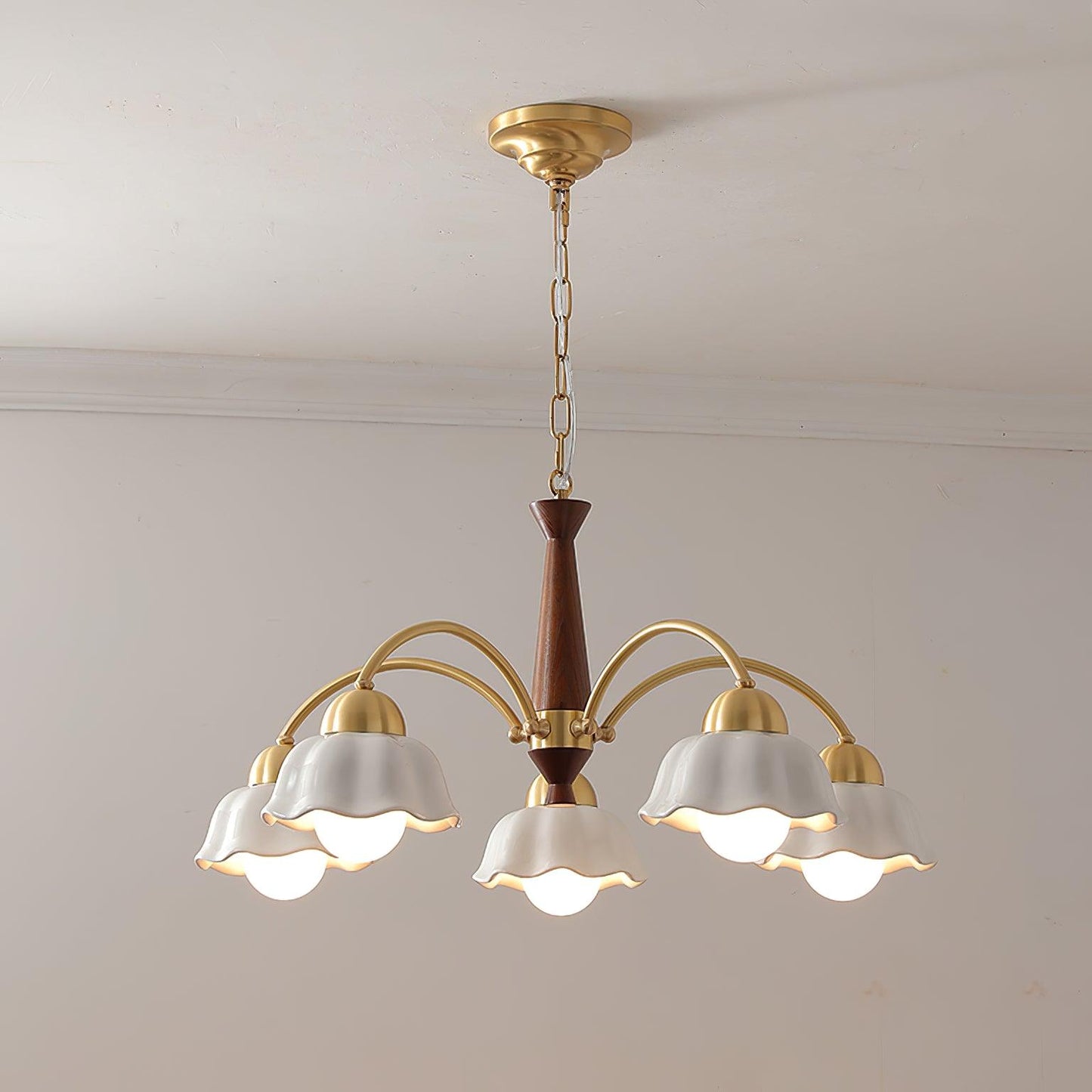 Swedish Modern Brass Chandelier 5 heads ? 29.5″ x H 14.6″ / Dia 75cm x H 37cm / Brass ＆ Walnut wood Chandelier