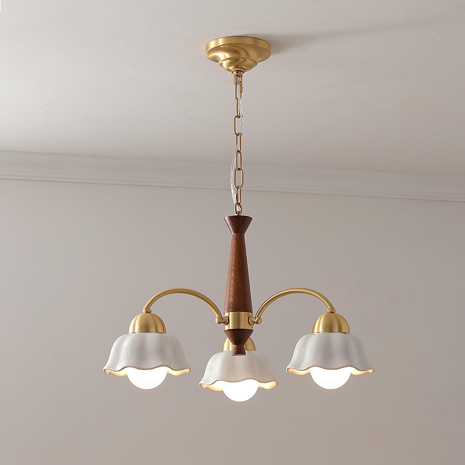 Swedish Modern Brass Chandelier 3 heads ? 23.6″ x H 14.6″ / Dia 60cm x H 37cm / Brass ＆ Walnut wood Chandelier