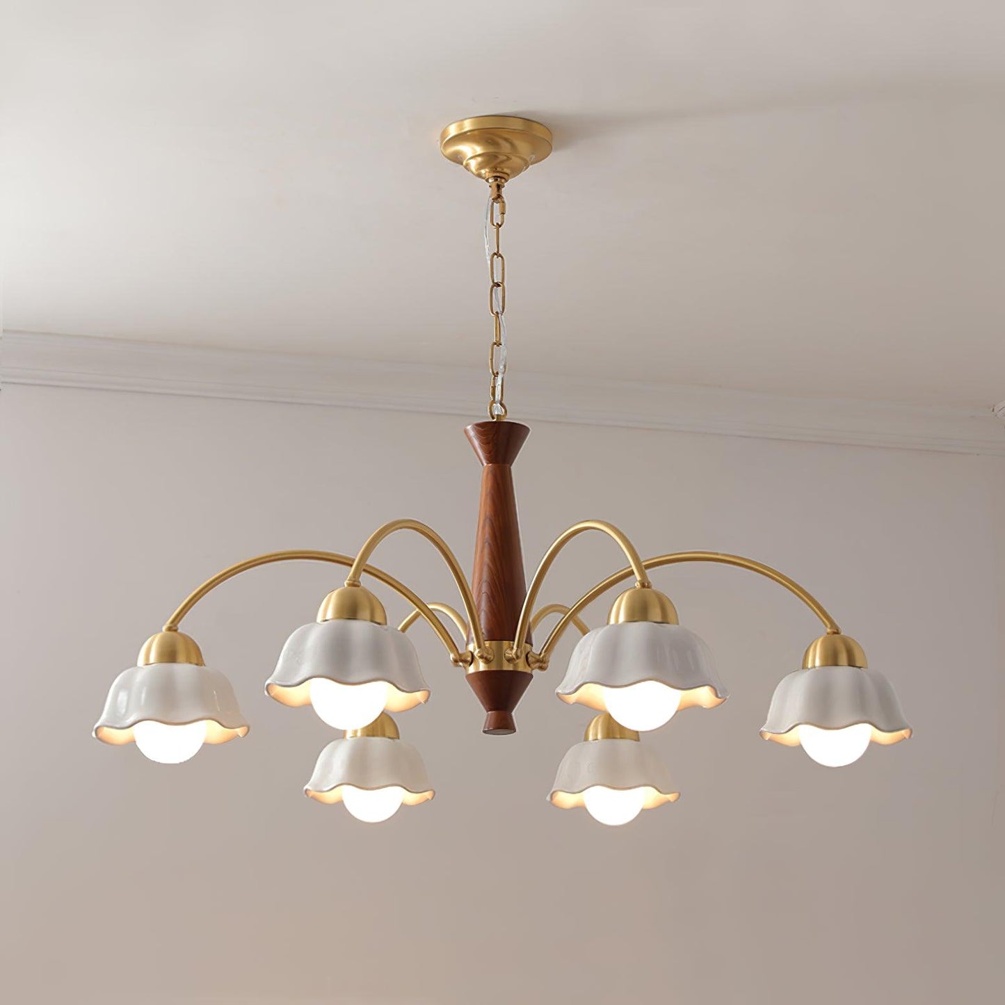 Swedish Modern Brass Chandelier 6 heads ? 29.5″ x H 16.9″ / Dia 75cm x H 43cm / Brass ＆ Walnut wood Chandelier