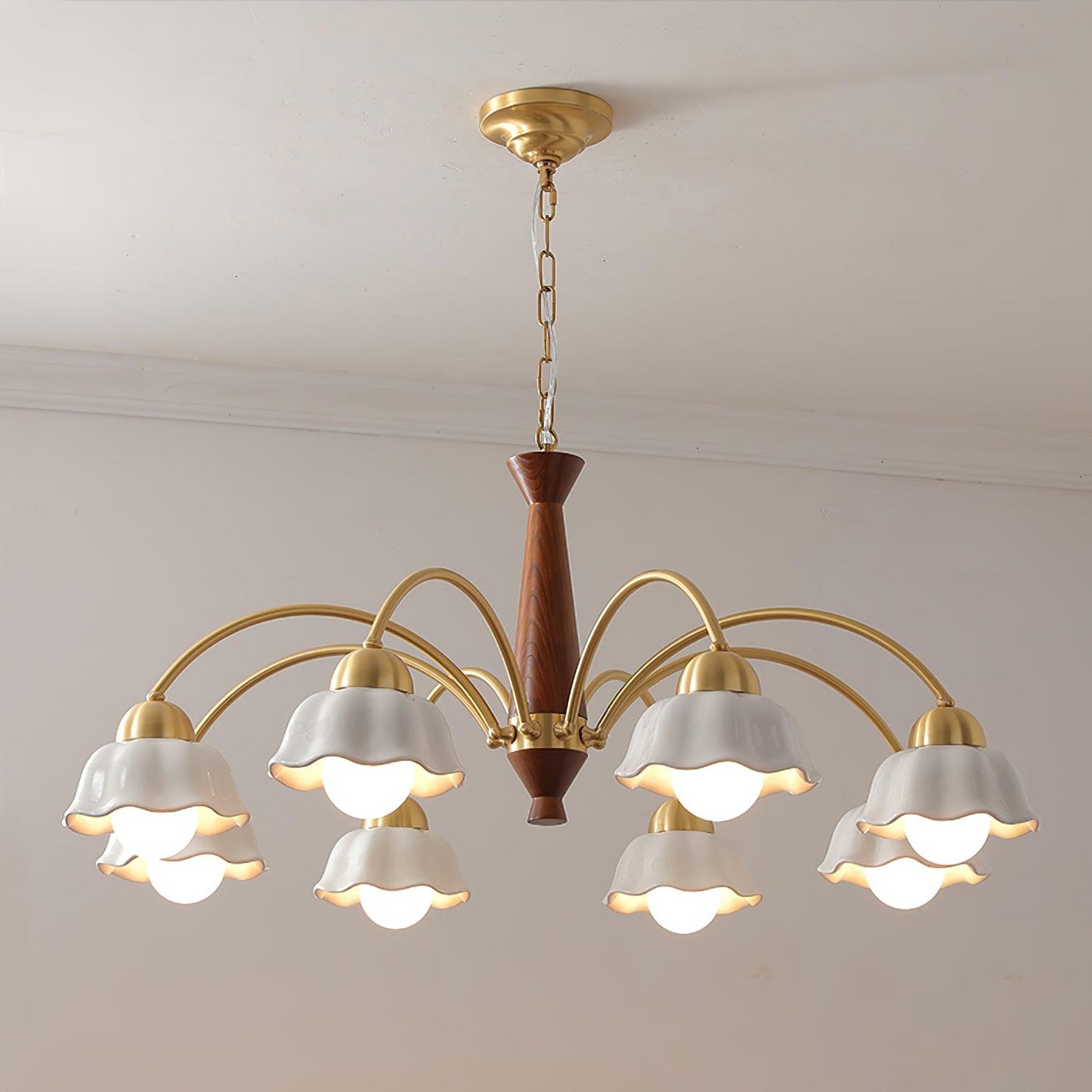 Swedish Modern Brass Chandelier 8 heads ? 39″ x H 16.9″ / Dia 100cm x H 43cm / Brass ＆ Walnut wood Chandelier