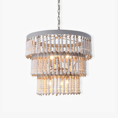 Three Tiered Wood Beaded Chandelier Φ 21.7″ x H 18.9″ / Dia 55cm x H 48cm / Old white Chandelier