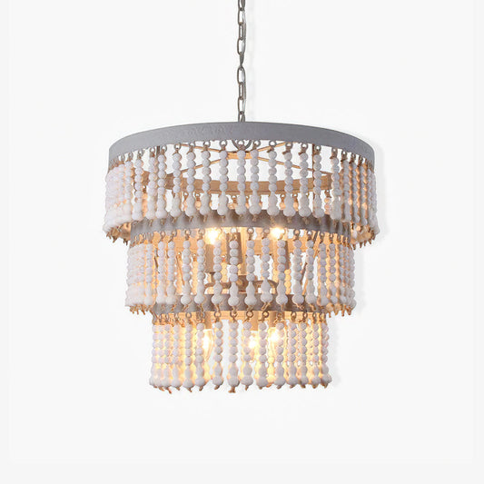 Three Tiered Wood Beaded Chandelier Φ 21.7″ x H 18.9″ / Dia 55cm x H 48cm / Old white Chandelier