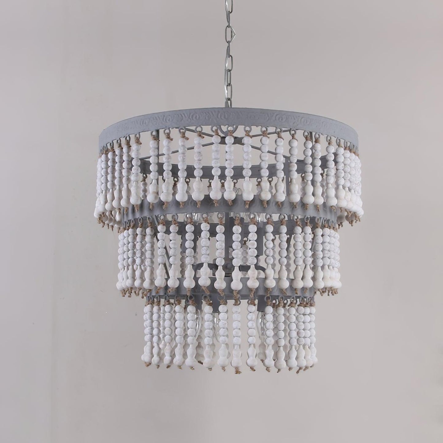 Three Tiered Wood Beaded Chandelier Φ 21.7″ x H 18.9″ / Dia 55cm x H 48cm / Old white Chandelier