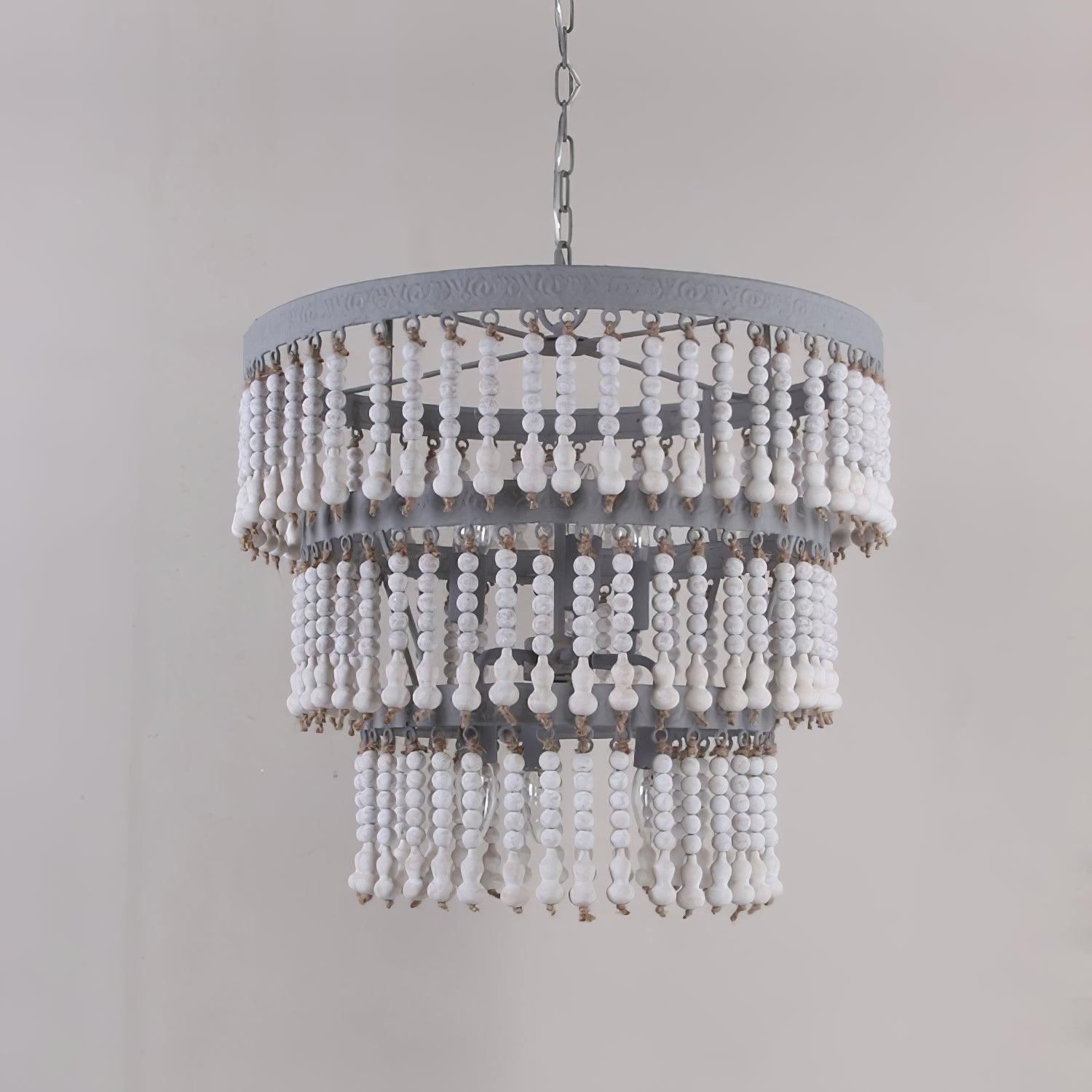 Three Tiered Wood Beaded Chandelier Φ 21.7″ x H 18.9″ / Dia 55cm x H 48cm / Old white Chandelier