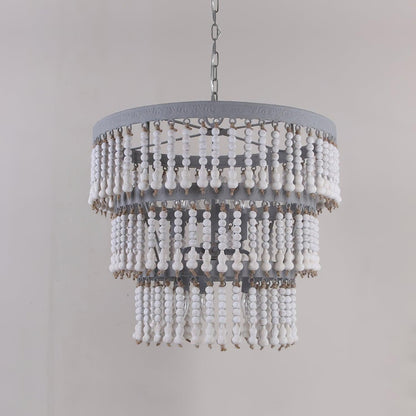 Three Tiered Wood Beaded Chandelier Φ 21.7″ x H 18.9″ / Dia 55cm x H 48cm / Old white Chandelier
