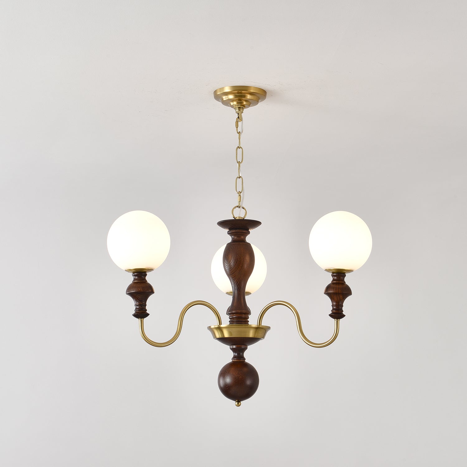Timeless Globe Chandelier 3 heads Dia 27.6″ x H 18.5″ / Walnut Color & Gold Chandelier