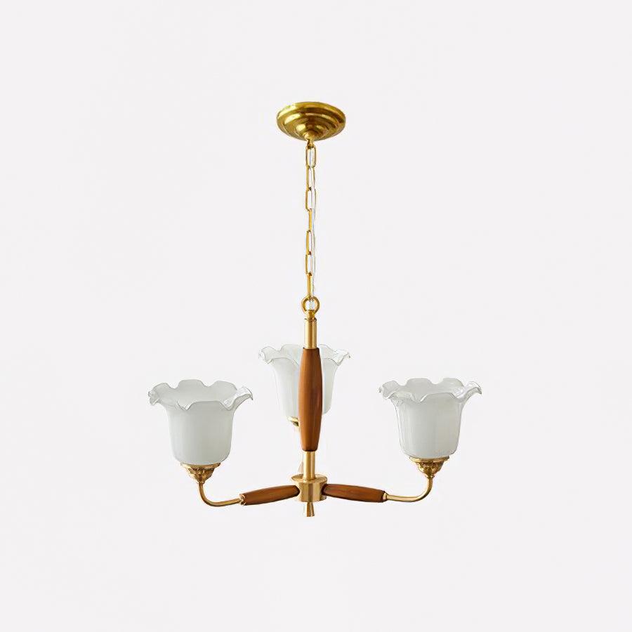 Trumpet Flower Glass Chandelier 3 heads Dia 19.7″ x H 15″ / Dia 50cm x H 38cm / Brass + Wooden＆White Chandelier