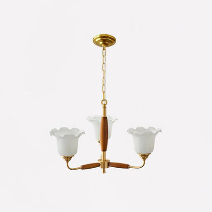 Trumpet Flower Glass Chandelier 3 heads Dia 19.7″ x H 15″ / Dia 50cm x H 38cm / Brass + Wooden＆White Chandelier