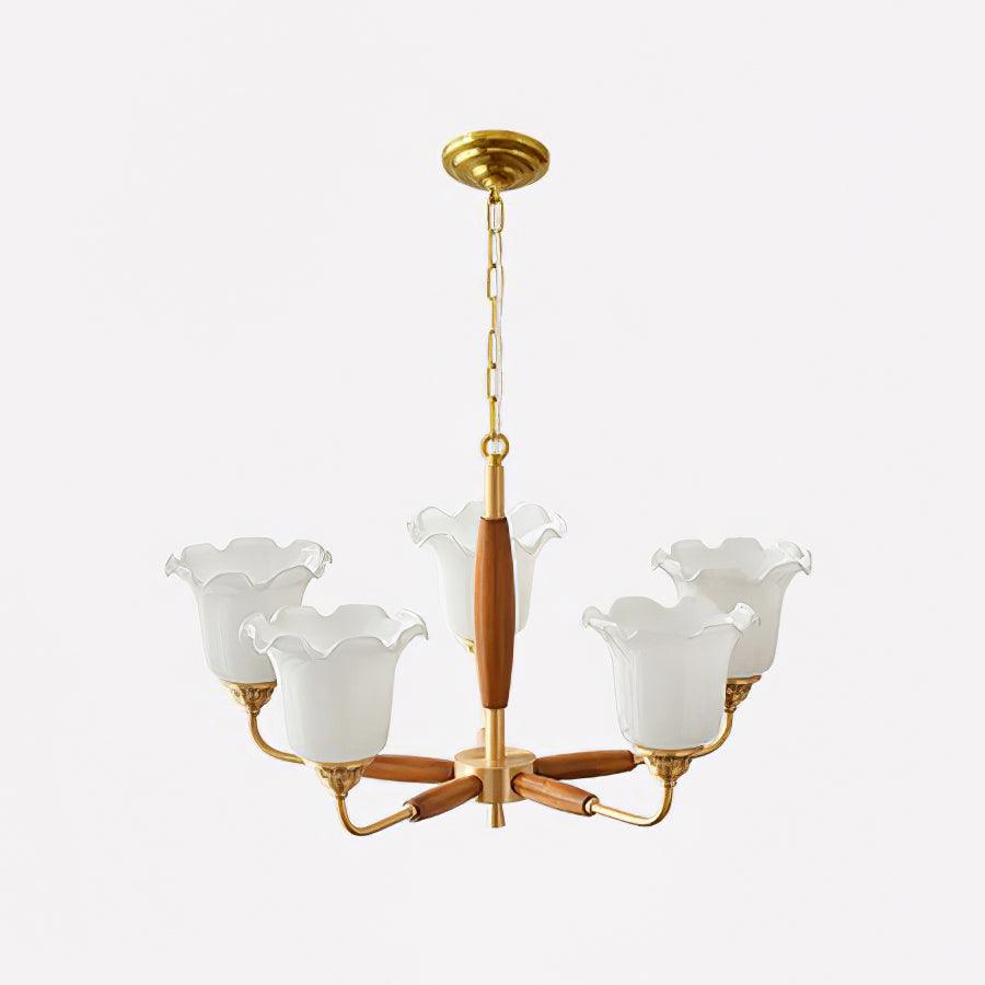 Trumpet Flower Glass Chandelier 5 heads ? 24.4″ x H 15″ / Dia 62cm x H 38cm / Brass + Wooden＆White Chandelier