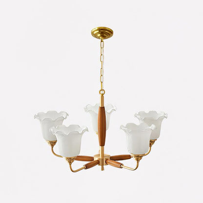 Trumpet Flower Glass Chandelier 5 heads ? 24.4″ x H 15″ / Dia 62cm x H 38cm / Brass + Wooden＆White Chandelier