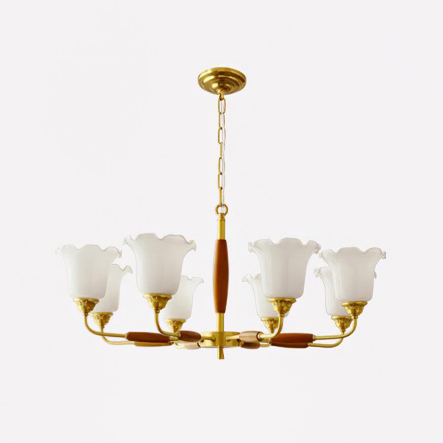 Trumpet Flower Glass Chandelier 8 heads Dia 31.5″ x H 15″ / Dia 80cm x H 38cm / Brass + Wooden＆White Chandelier