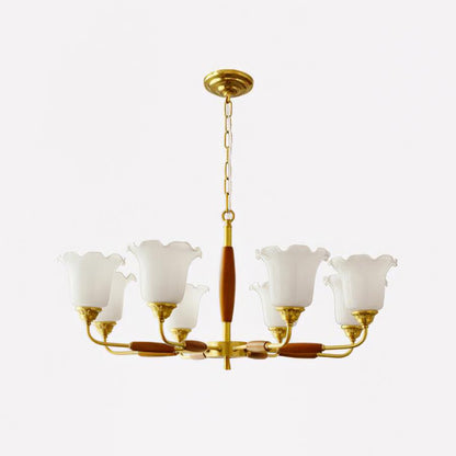 Trumpet Flower Glass Chandelier 8 heads Dia 31.5″ x H 15″ / Dia 80cm x H 38cm / Brass + Wooden＆White Chandelier