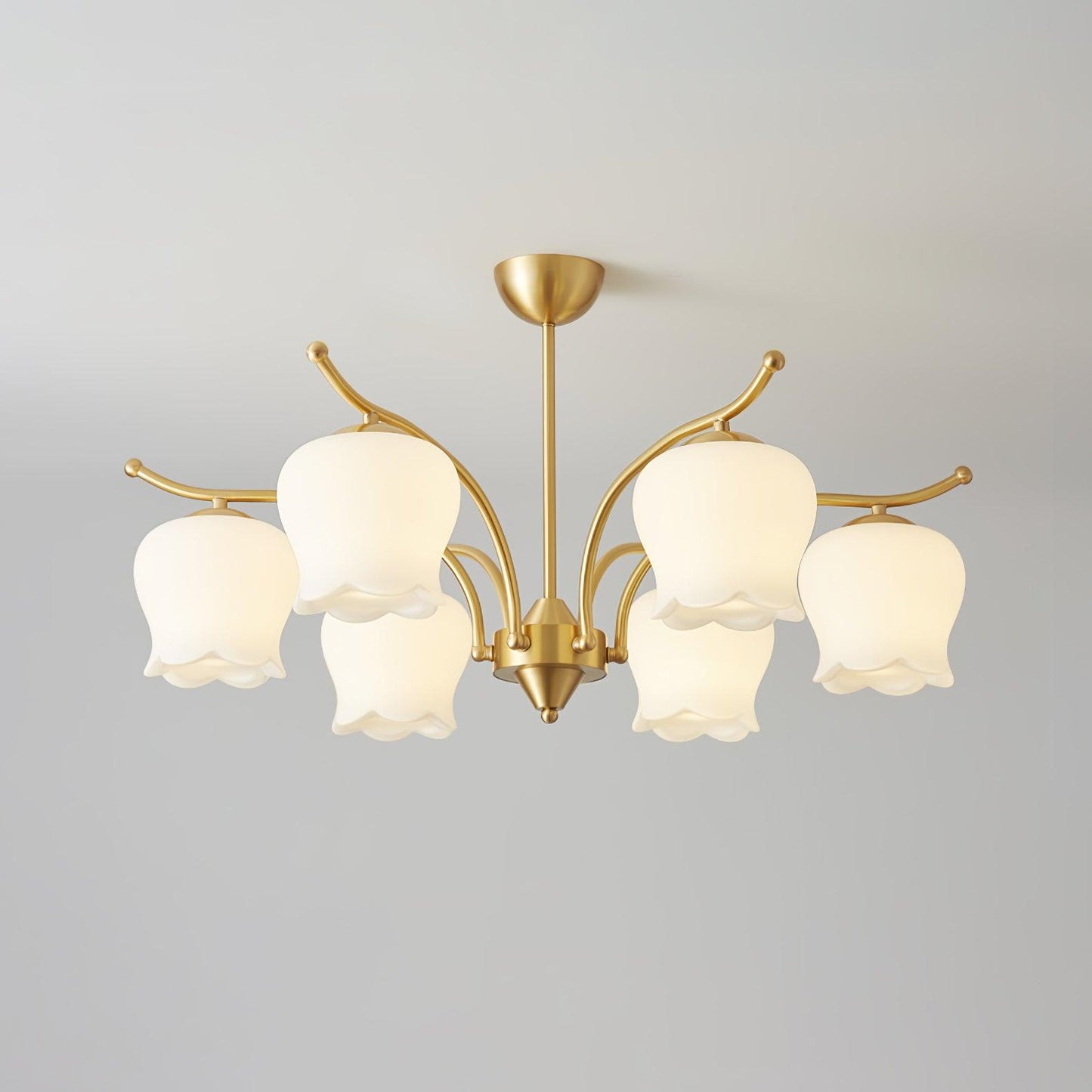 Tulip Brass Chandelier 6 heads ? 29.5″ x H 16.5″ / Dia 75cm x H 42cm / Brass & White Chandelier