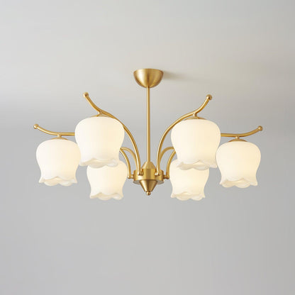 Tulip Brass Chandelier 6 heads ? 29.5″ x H 16.5″ / Dia 75cm x H 42cm / Brass & White Chandelier