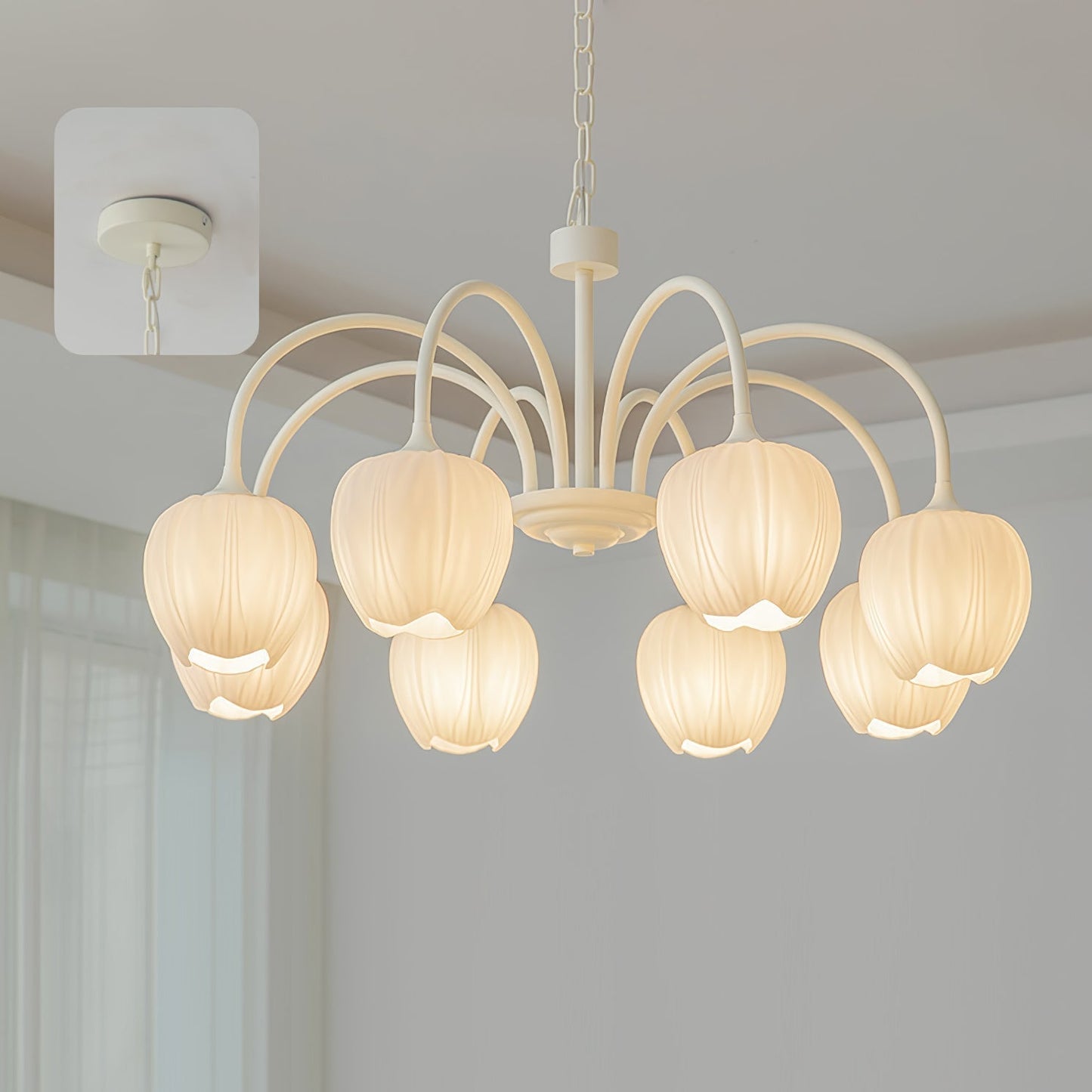 Tulip Matcha Chandelier 8 heads Dia 30.7″ x H 15.7″ / Dia 78cm x H 40cm / Creamy white & White glass Chandelier
