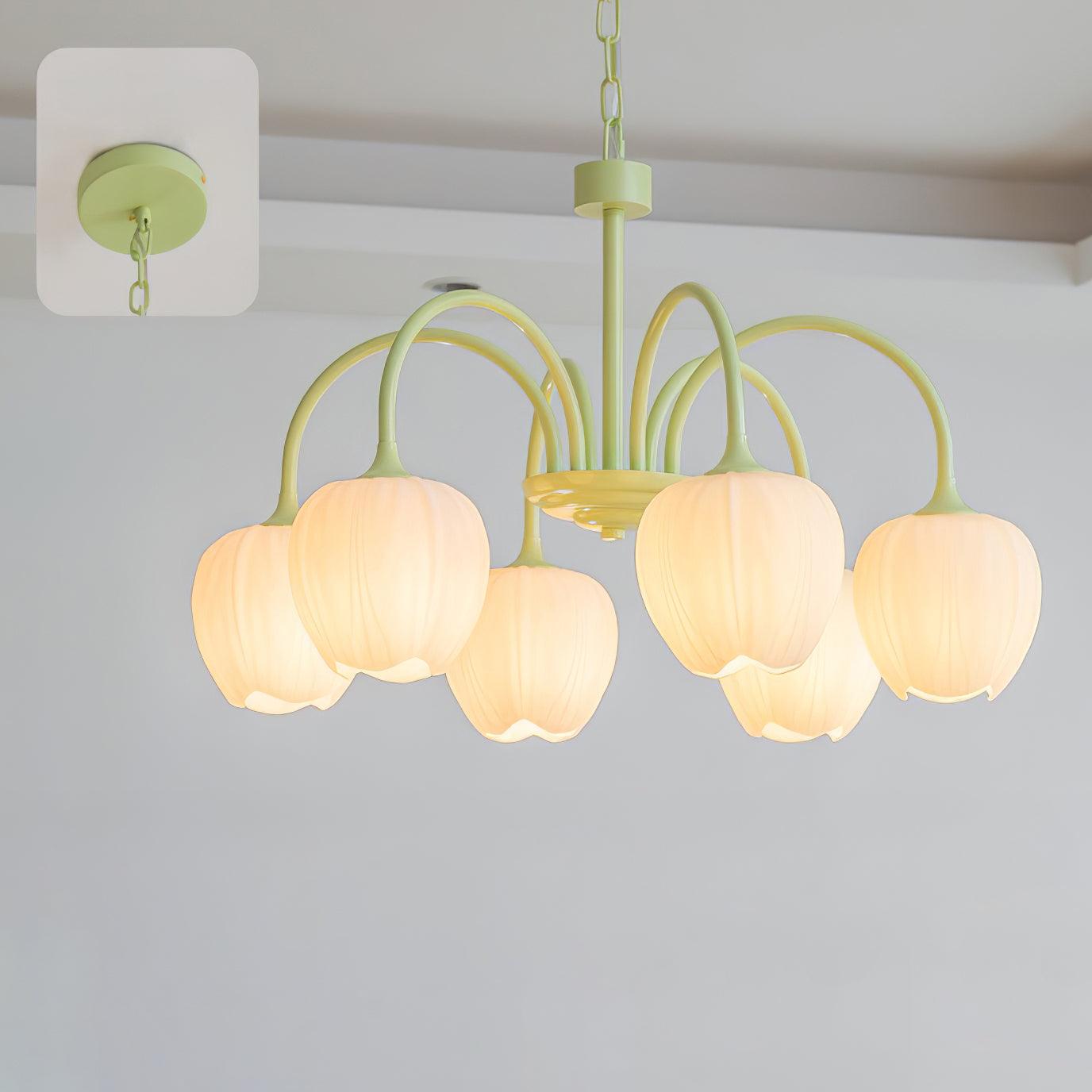 Tulip Matcha Chandelier 6 heads Dia 25.6″ x H 15.7″ / Dia 65cm x H 40cm / Matcha & White glass Chandelier