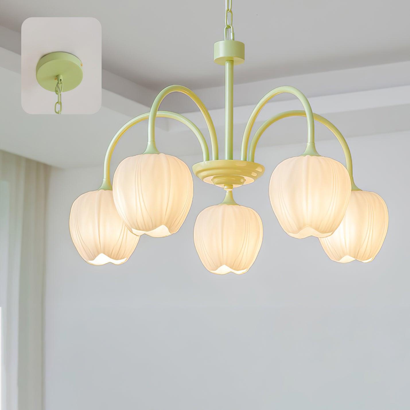 Tulip Matcha Chandelier 5 heads Dia 24.4″ x H 15.7″ / Dia 62cm x H 40cm / Matcha & White glass Chandelier