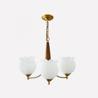 Tulips Glass Wood Chandelier 3 heads Dia 19.7″ x H 15″ / Dia 50cm x H 38cm / Brass + Wooden＆White Chandelier