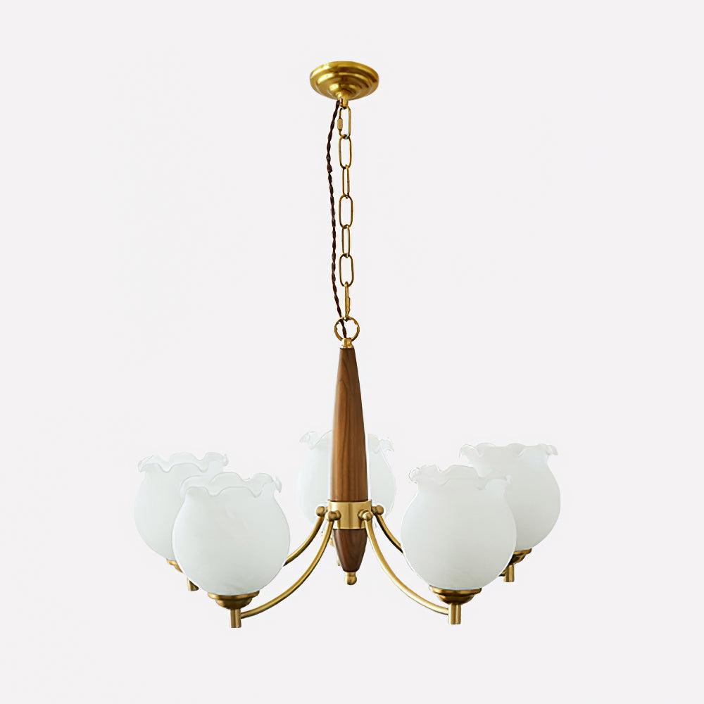 Tulips Glass Wood Chandelier 5 heads Dia 24.4″ x H 15″ / Dia 62cm x H 38cm / Brass + Wooden＆White Chandelier
