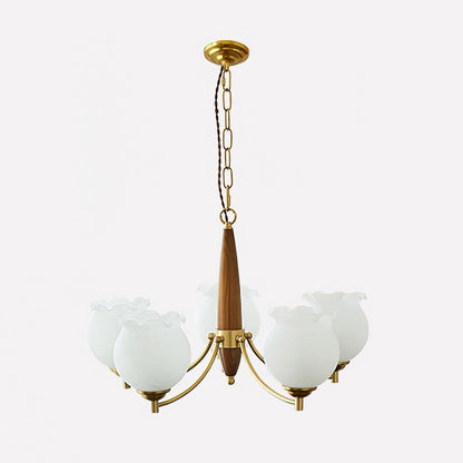 Tulips Glass Wood Chandelier 5 heads Dia 24.4″ x H 15″ / Dia 62cm x H 38cm / Brass + Wooden＆White Chandelier