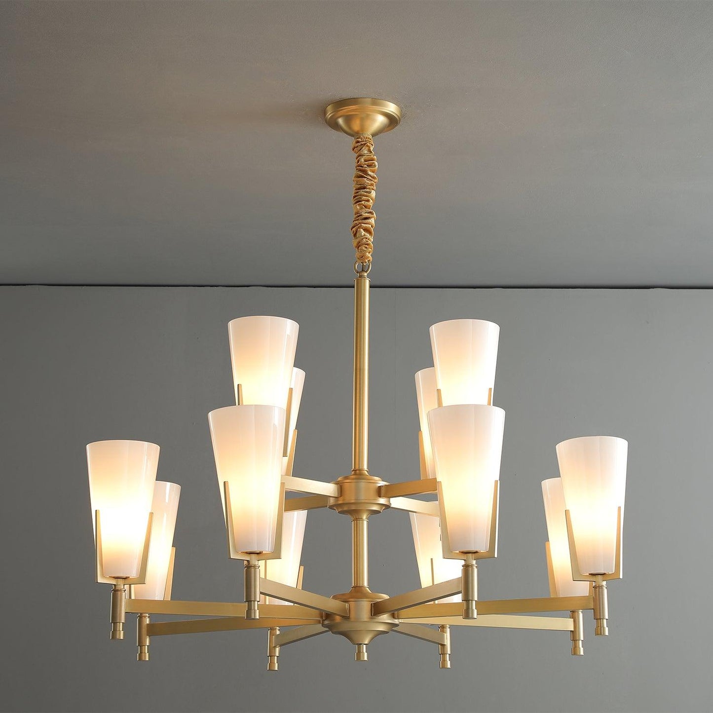 Upton Chandelier 12 heads Φ 35.4″ x H 26″ / Dia 90cm x H 66cm / Brass + White Chandelier