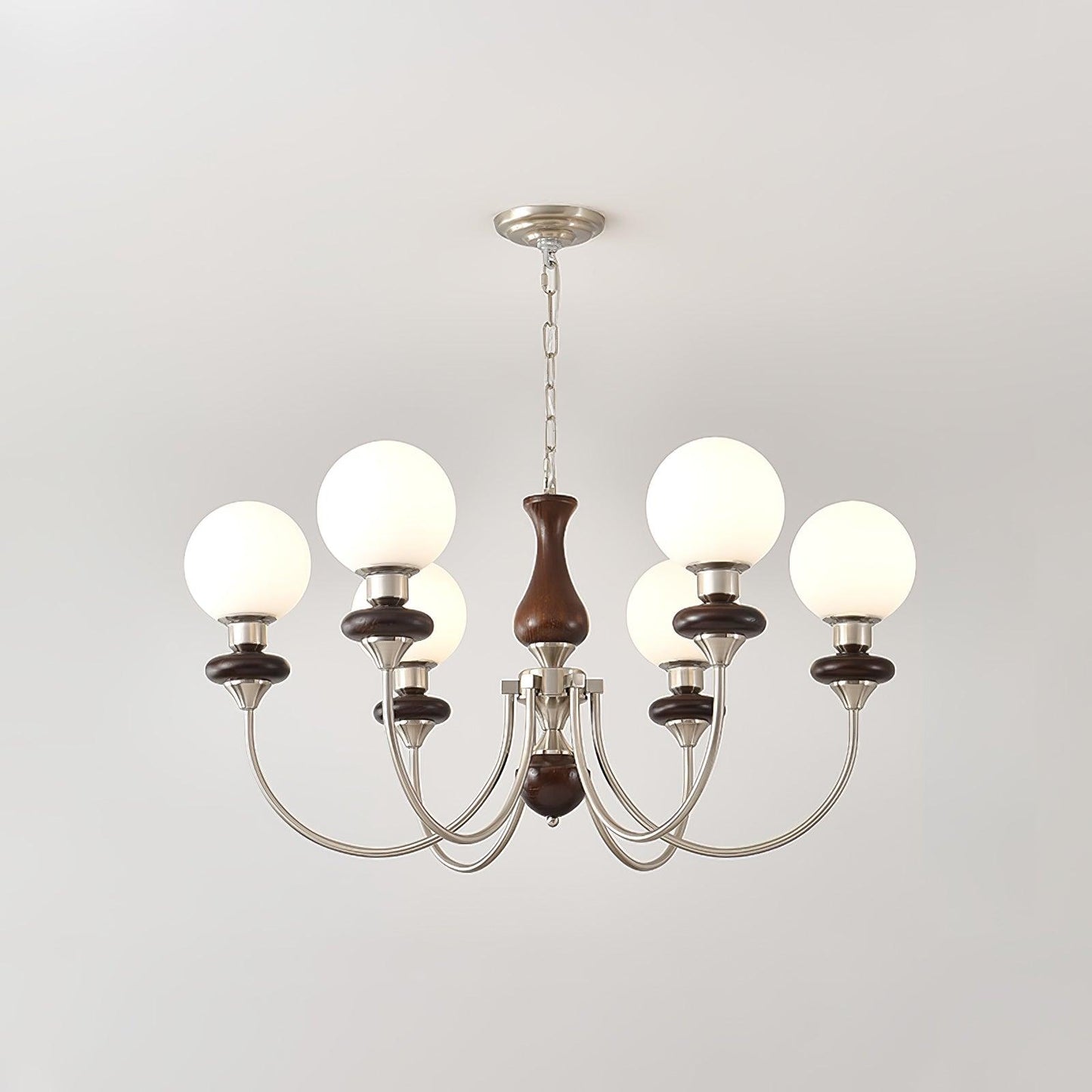 Retro Monique Chandelier 6 lamps Dia 33.5″ x H 18.9″ / Dia 85cm x H 48cm / Chrome (Iron) & White & Walnut Chandelier