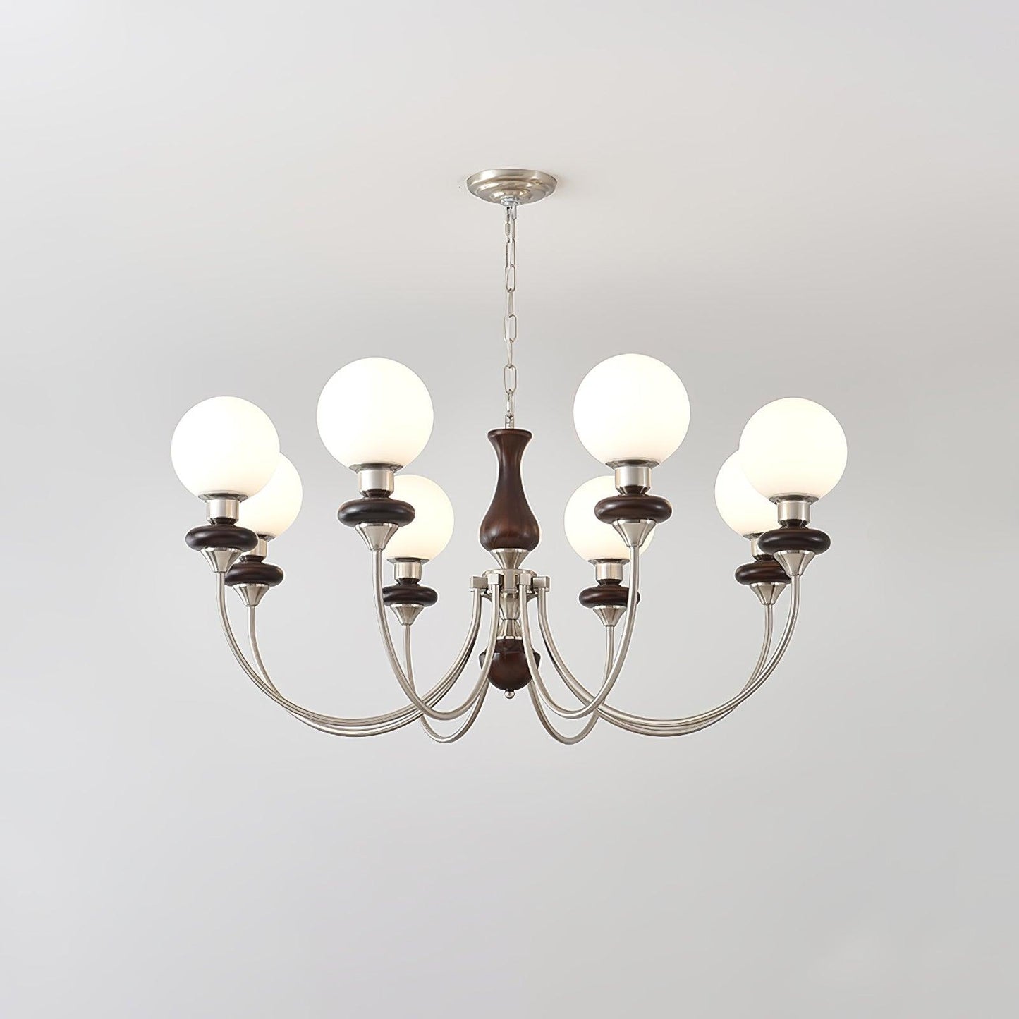 Retro Monique Chandelier 8 lamps Dia 39.4″ x H 18.9″ / Dia 100cm x H 48cm / Chrome (Iron) & White & Walnut Chandelier
