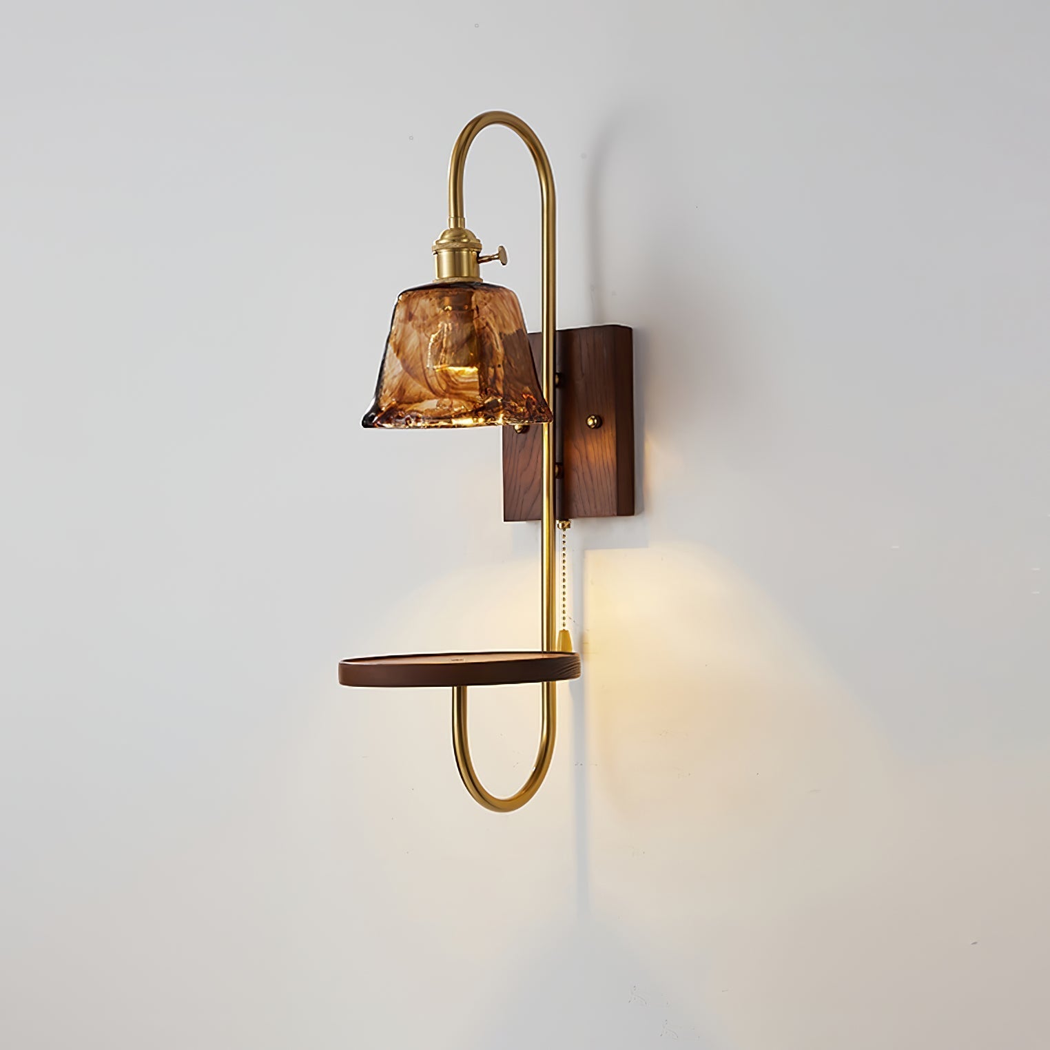 Walnut Shelf Sconce Model A H 21.3″ x W 7.1″ x L 9.8″ / Walnut Color & Gold / Single Wall lamp