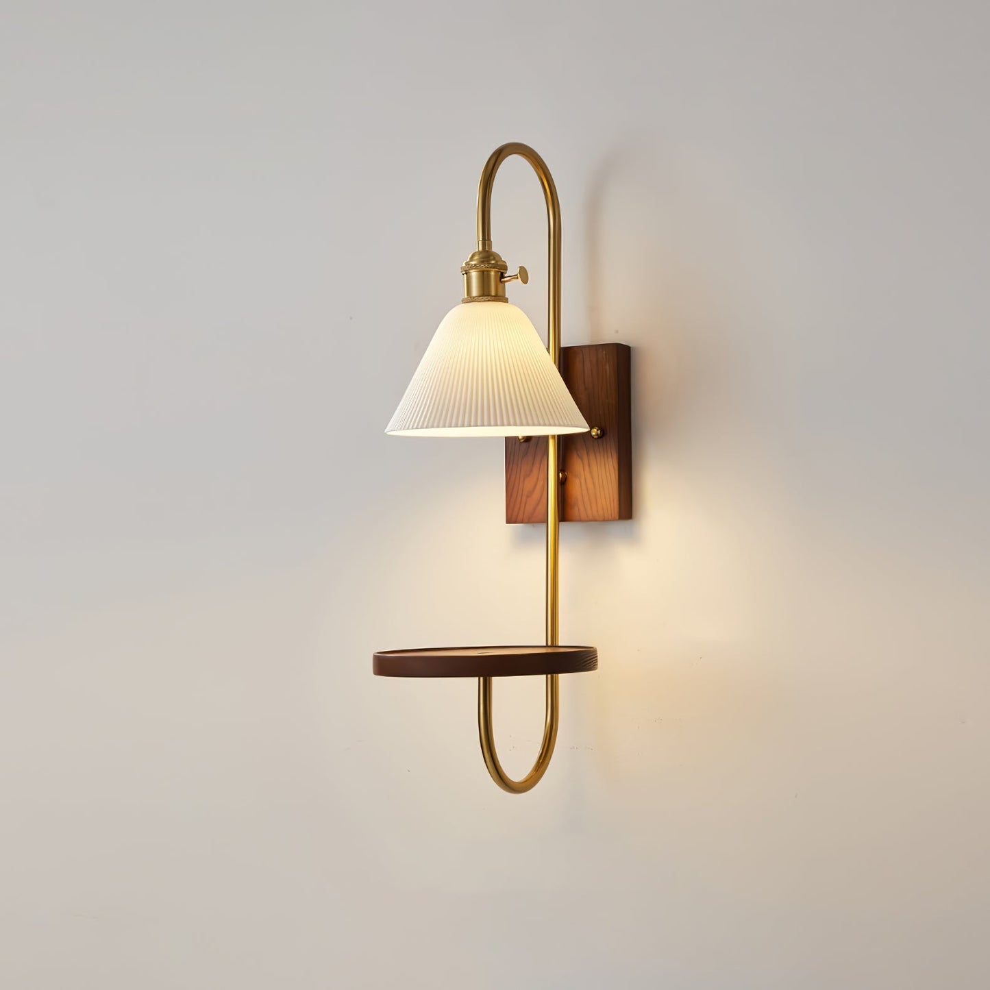 Walnut Shelf Sconce Model B H 21.3″ x W 7.1″ x L 9.8″ / Walnut Color & Gold / Single Wall lamp