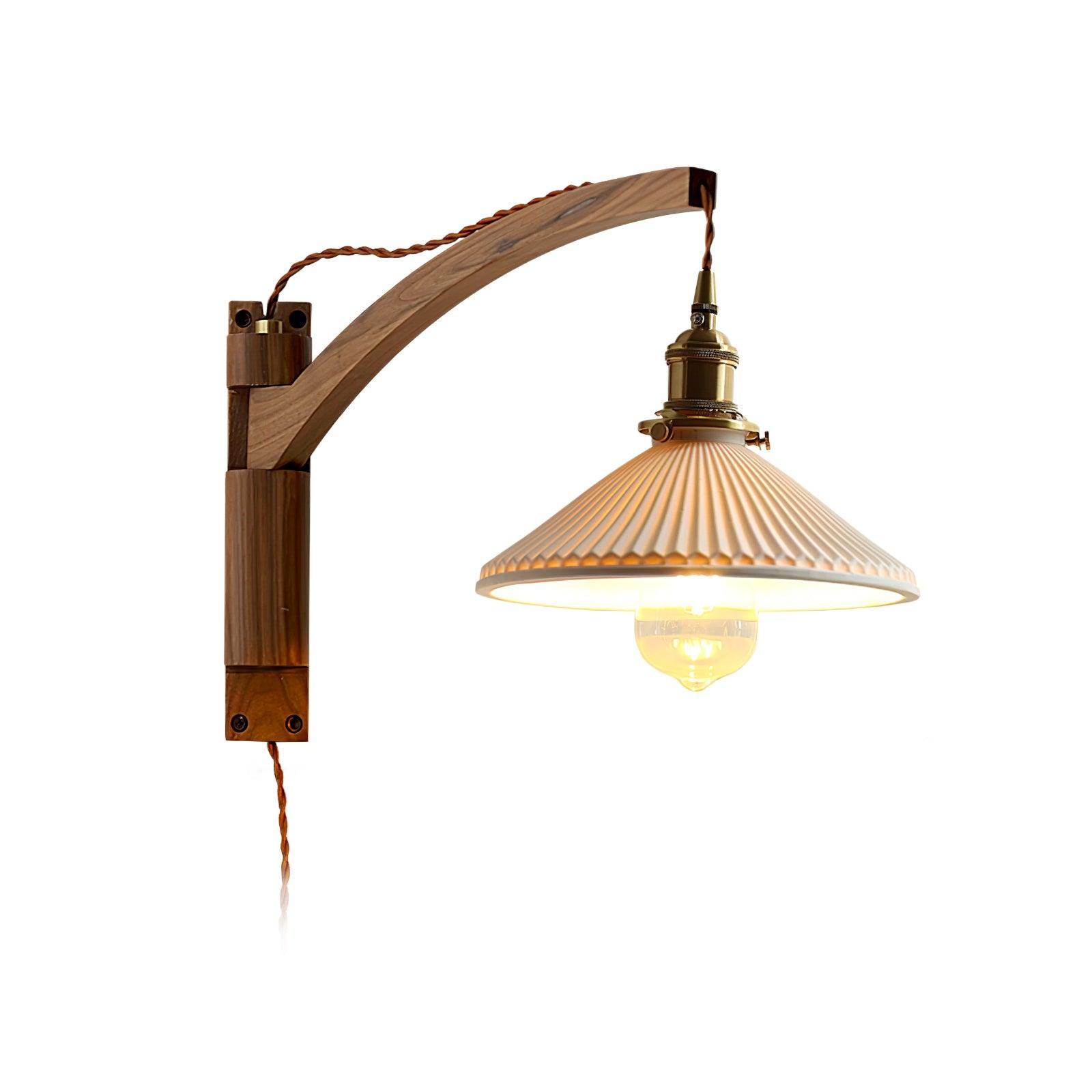Walnut Swing Arm Wall Lamp Model A ? 8.7″ x H 3.5″ / Dia 22cm x H 9cm / Brass & Walnut & White / US Plug Wall lamp