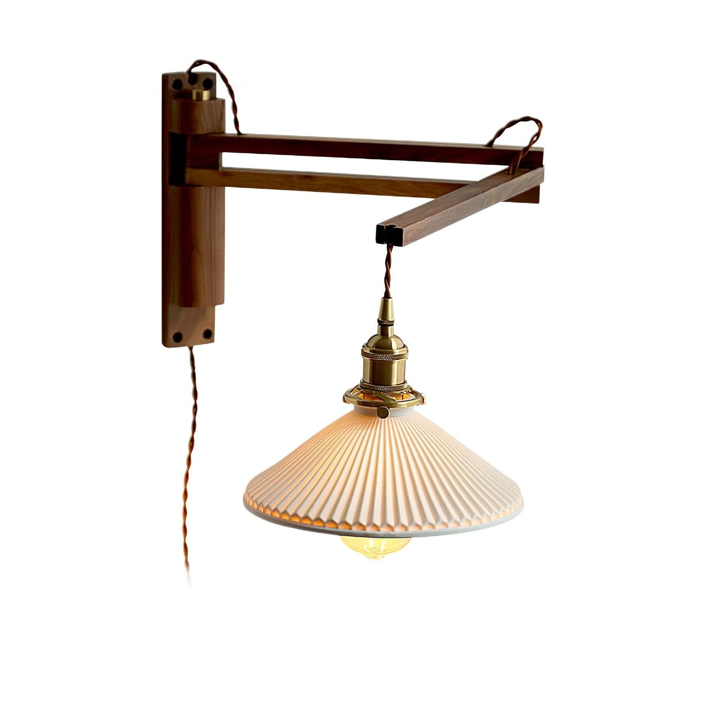Walnut Swing Arm Wall Lamp Model B ? 8.7″ x H 3.5″ / Dia 22cm x H 9cm / Brass & Walnut & White / US Plug Wall lamp