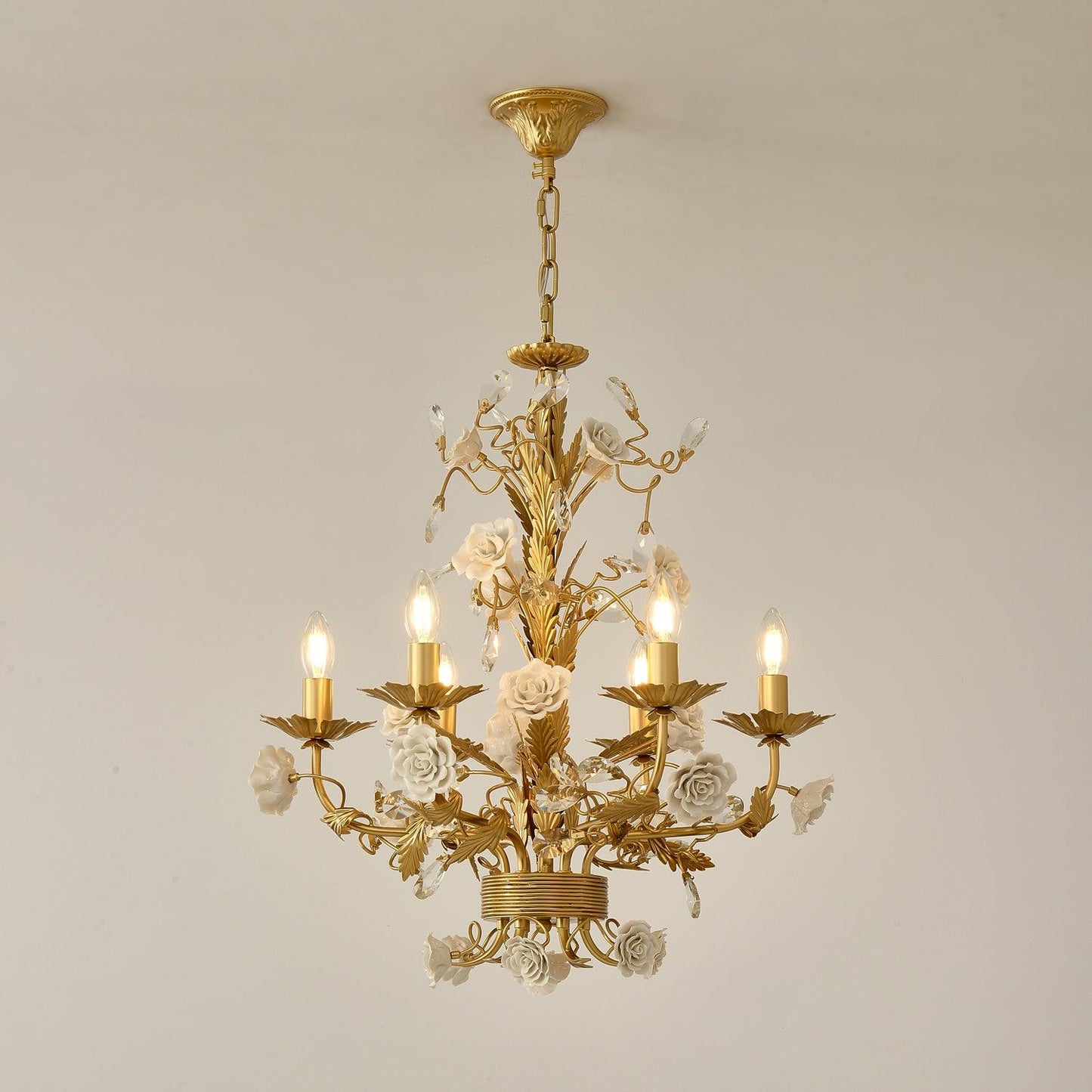 White Rose Crystal Chandelier 6 Heads Φ 25.6″ x H 24.4″ / Dia 58cm x H 63cm / Gold & White Chandelier