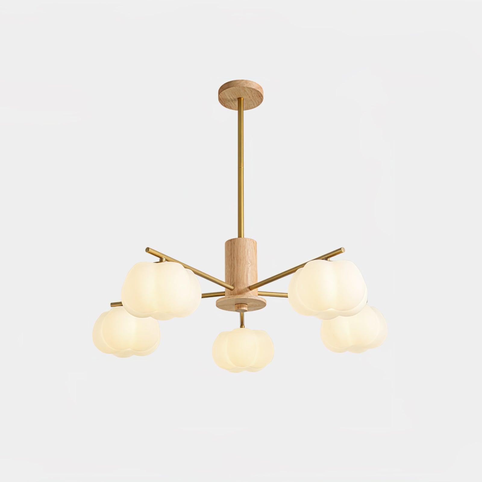 Wooden Cotton Balls Chandelier 5 Lamps Dia 25.6″ x H 20.9″ / Dia 65cm x H 53cm / Wood color & Gold & White Chandelier