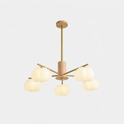 Wooden Cotton Balls Chandelier 5 Lamps Dia 25.6″ x H 20.9″ / Dia 65cm x H 53cm / Wood color & Gold & White Chandelier