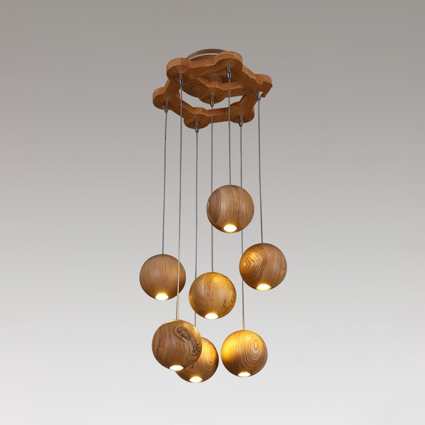 Wooden Orb Sphere Cluster Pendant Light 7 lamps ? 13.8″ x H 59″ / Dia 35cm x H 150cm / Nature wood color Pendant light