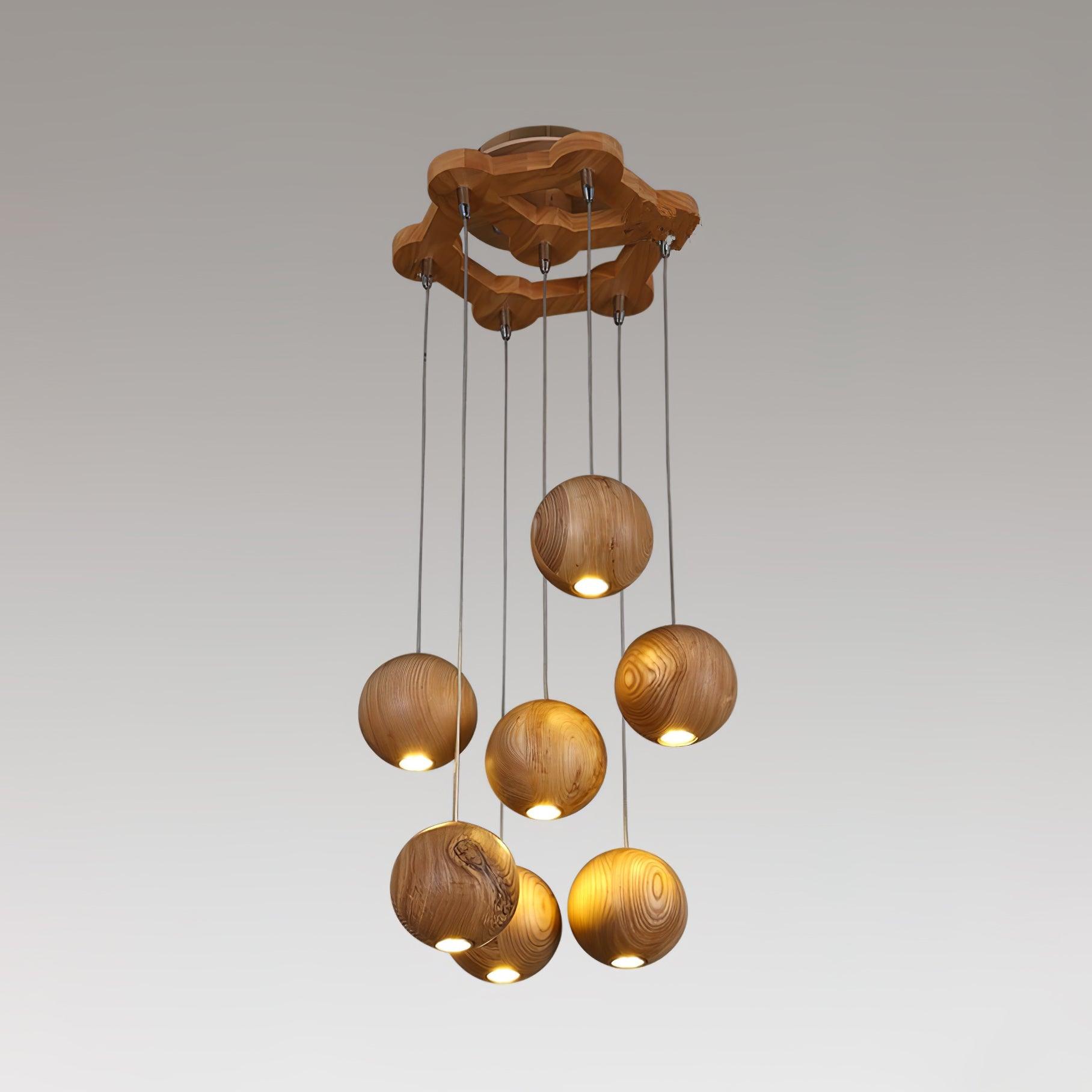 Wooden Orb Sphere Cluster Pendant Light 7 lamps ? 13.8″ x H 59″ / Dia 35cm x H 150cm / Nature wood color Pendant light