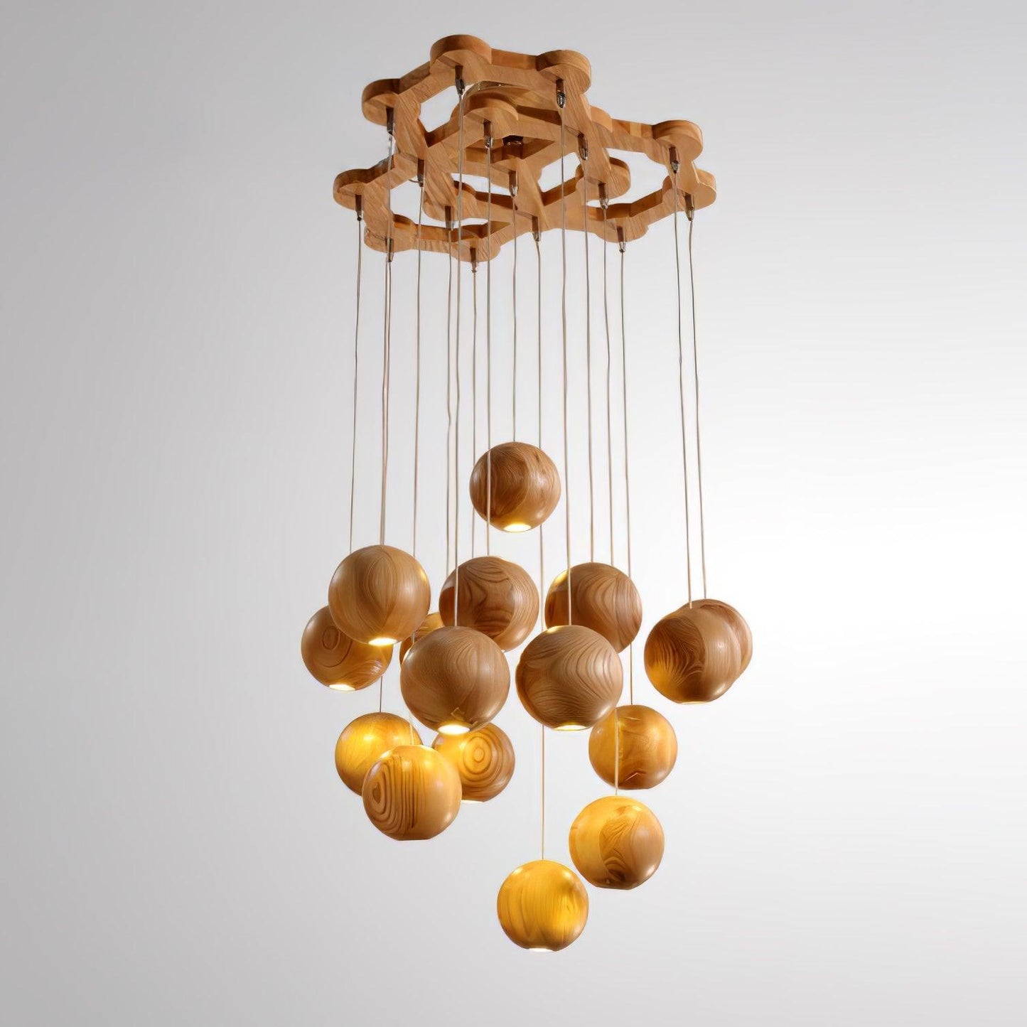 Wooden Orb Sphere Cluster Pendant Light 16 lamps ? 19.7″ x H 59″ / Dia 50cm x H 150cm / Nature wood color Pendant light