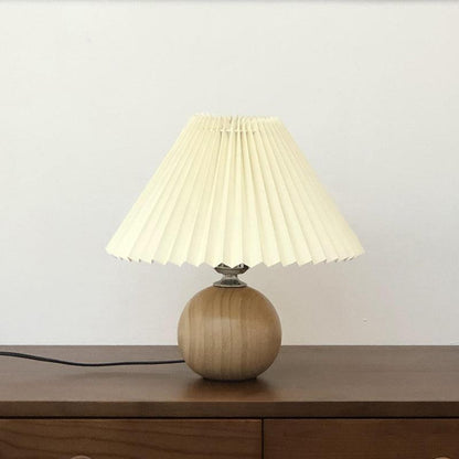 Wooden Pleated Table Lamp Dia 11″ x H 11.8″ / Dia 28cm x H 30cm / Natural wood + Beige / US Plug Table lamp