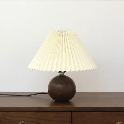 Wooden Pleated Table Lamp Dia 11″ x H 11.8″ / Dia 28cm x H 30cm / Walnut + Beige / US Plug Table lamp