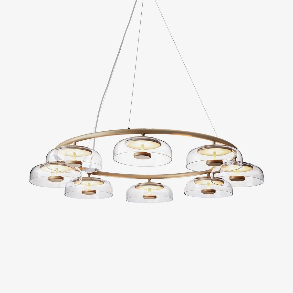 Solara Chandelier 8 heads: ? 39.4″ x H 59″ / Brass & Clear / Warm Light Chandelier