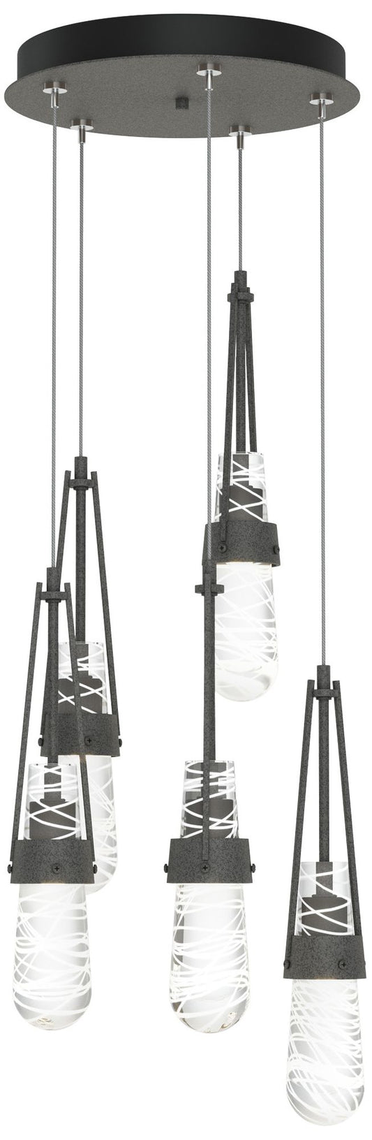Link 13"W 5-Light Iron Long Pendant w/ Clear White Threaded Glass Shad