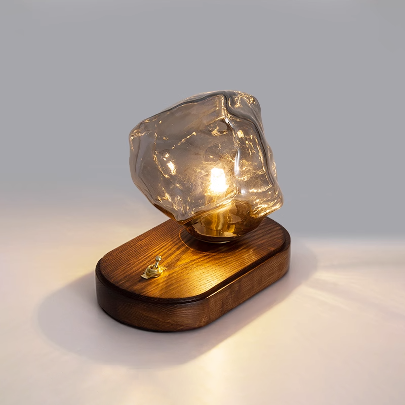 Ice Stone Glass Table Lamp L 7.9″ x W 4.7″ x H 5.9″ / L 20cm x W 12cm x H 15cm / Smoke gray & Dark wood / US plug Table